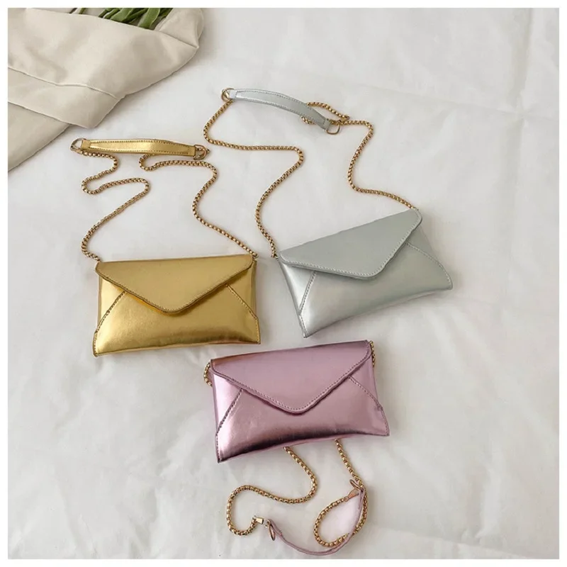 Ladies Mini Shiny Leather Envelope Purse Women Luxury Golden Chain Crossbody Bag Fashion Girls Hot Pink Cell Phone Purse Wallet