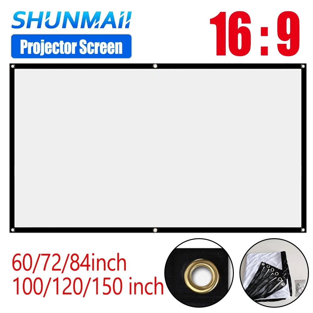 16:9 Simple Projector Curtain 60 72 84 100 120 150 inch Portable Easy-hang HD Display Screen for Games Movies Business and Match