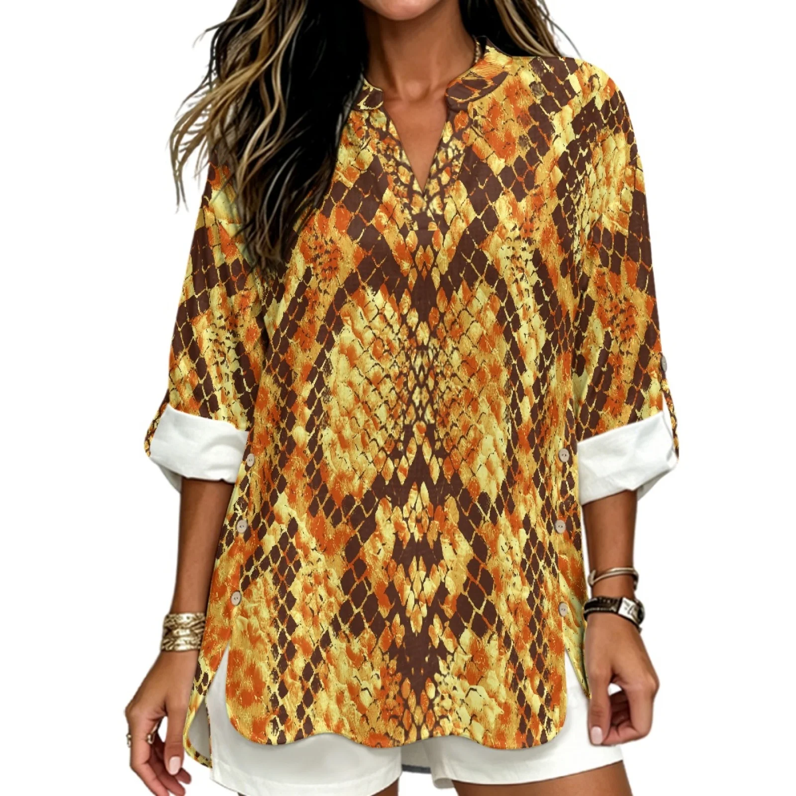 PENSTROLL Snake Skin Print 3/4 Sleeve Dressy Casual Blouses for Party Linen Like Long Sleeve Blouse Sizes S-5XL