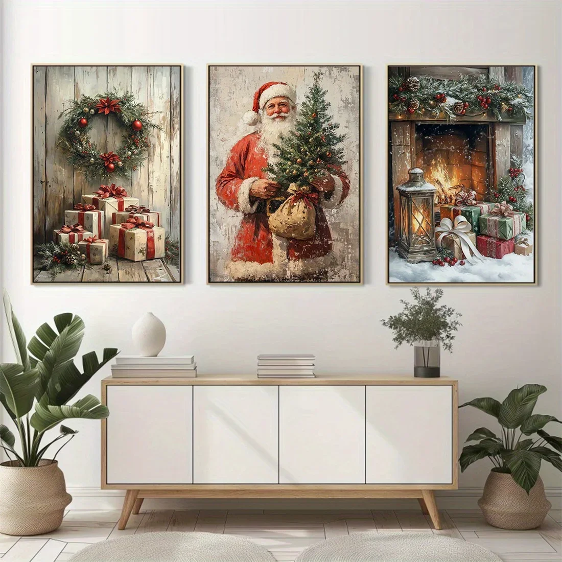 Multiple sizes 3pcs frameless Canvas Painting,3pcs Santa Claus Christmas Tree Canvas Poster Rustic Christmas Holiday Winter Snow
