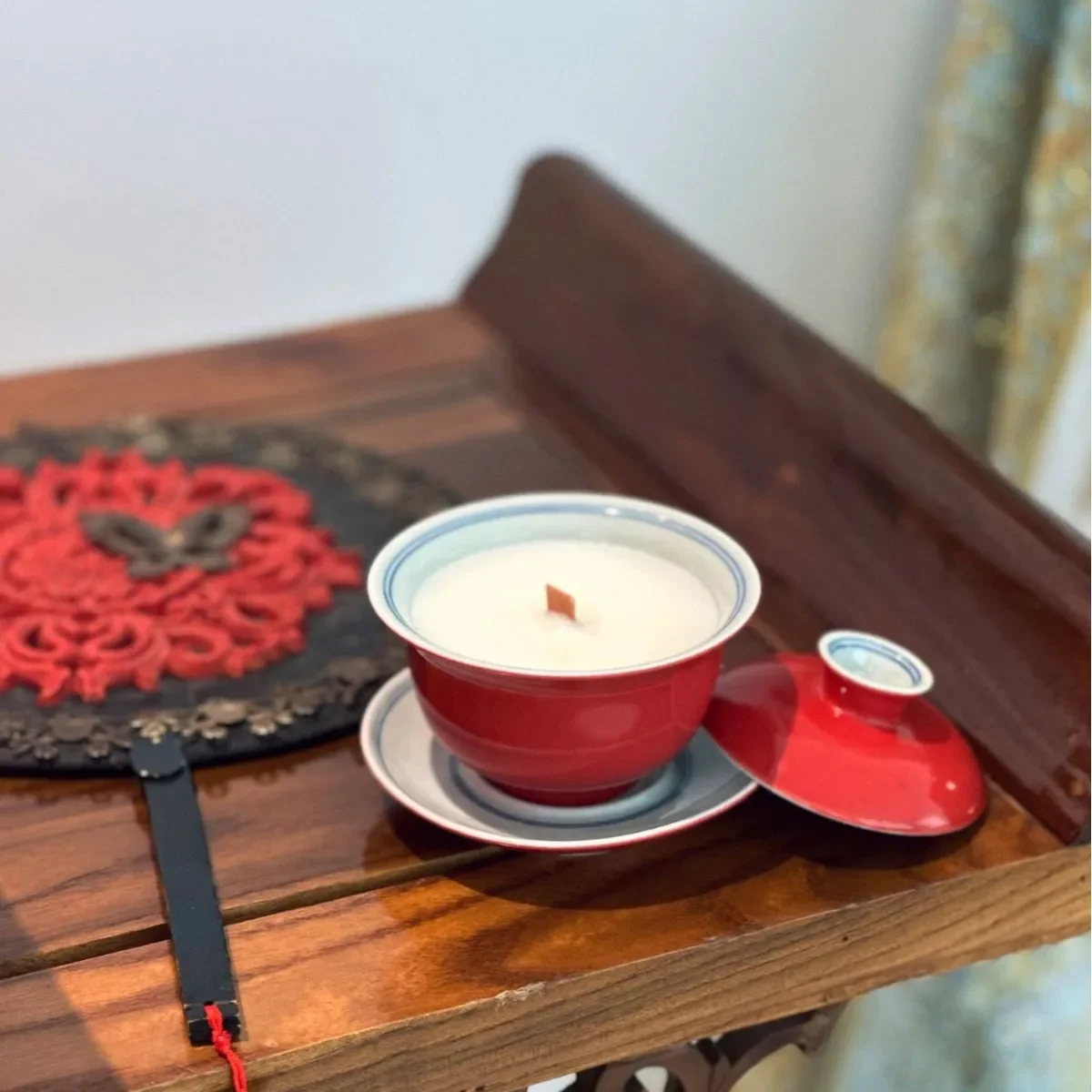 Red Glaze Covered Bowl Tea Cup Aroma Candle Bergamot Scented Candle Chinese Wedding Party Decoration Romantic Candles