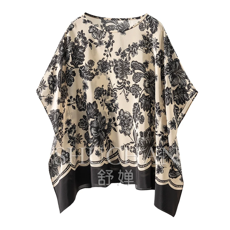

Luxury Brand Haute Couture Cabinet Silk Double Crepe One Piece Bat Sleeve Square Towel Blouse Women 9W10