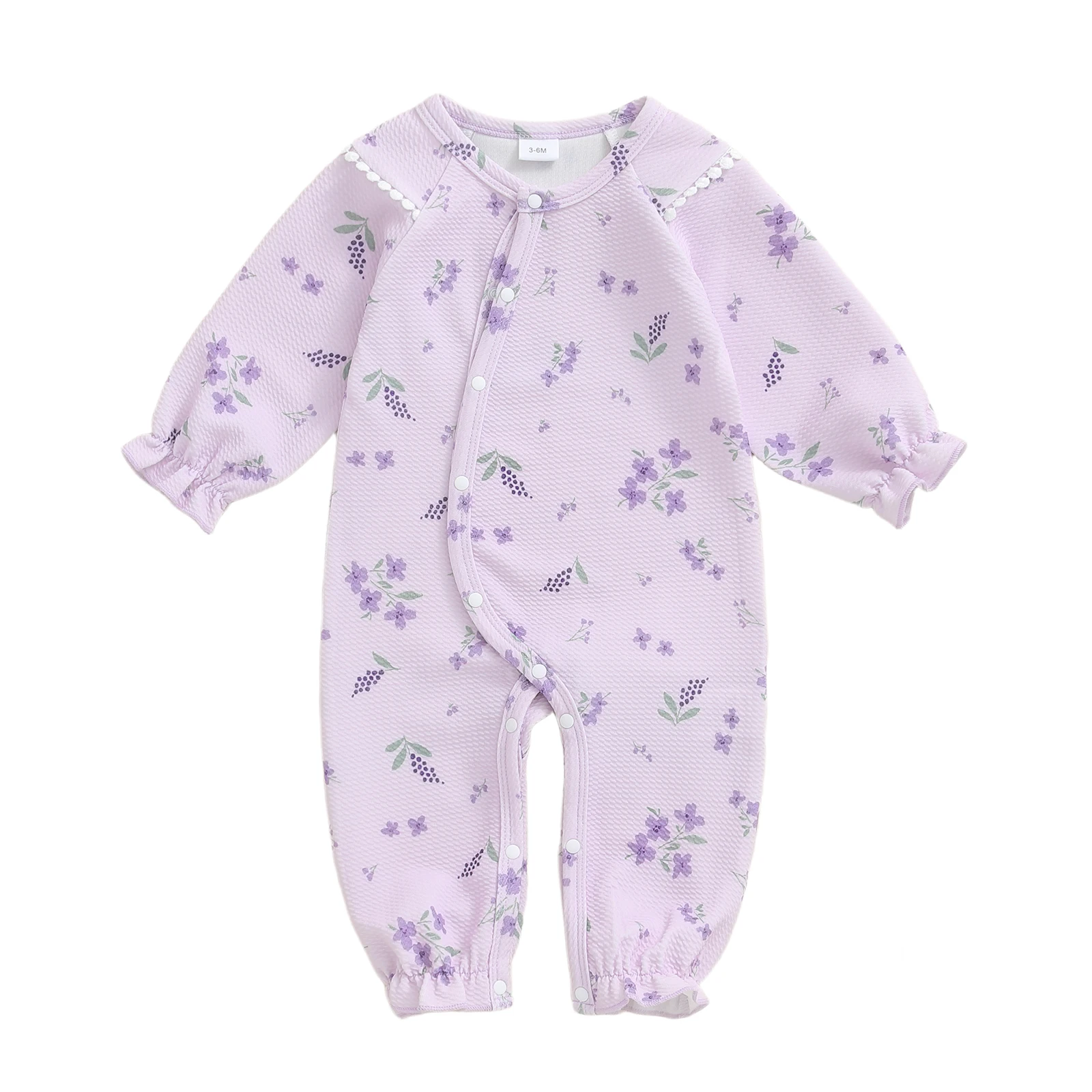 Baby Girls Jumpsuit, Long Sleeve Crew Neck Flower Print Button Closure Casual Romper Clothes