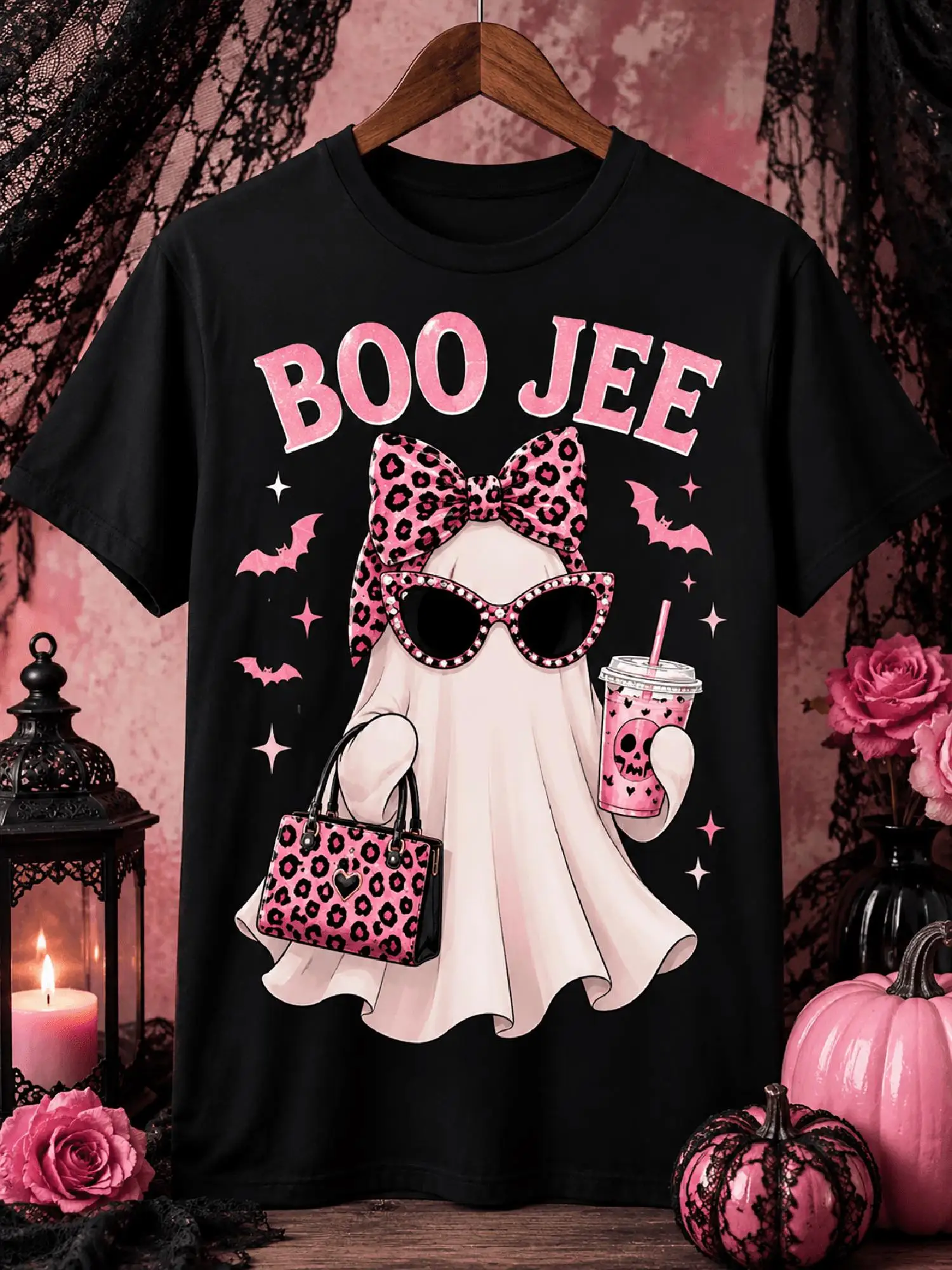 Boo JEE Leopard Coffee Halloween Boujee Unisex Girls T-Shirt Retro Casual Round Neck Printed T-Shirt Unisex