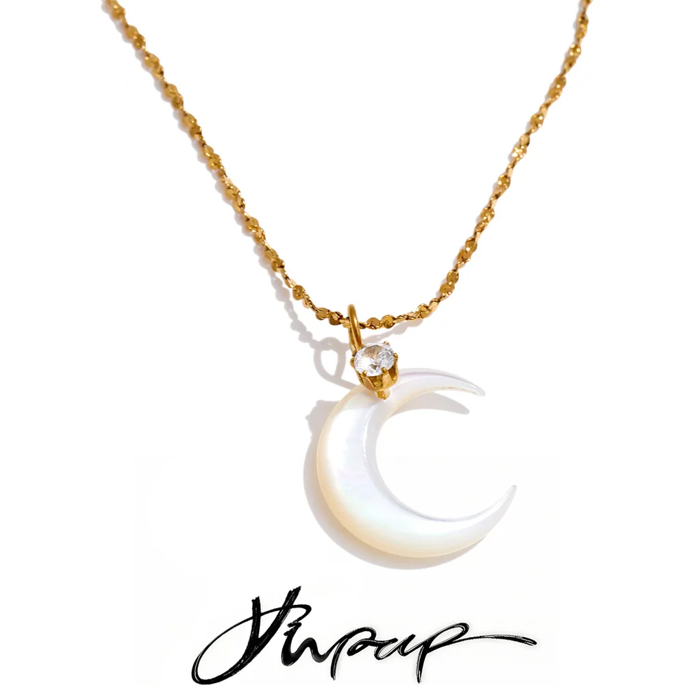 Yhpup Waterproof Shell Zircon Moon Chic Necklace Pendant Stylish Unique PVD Plated Charm Delicate Korean Jewelry Wholesale