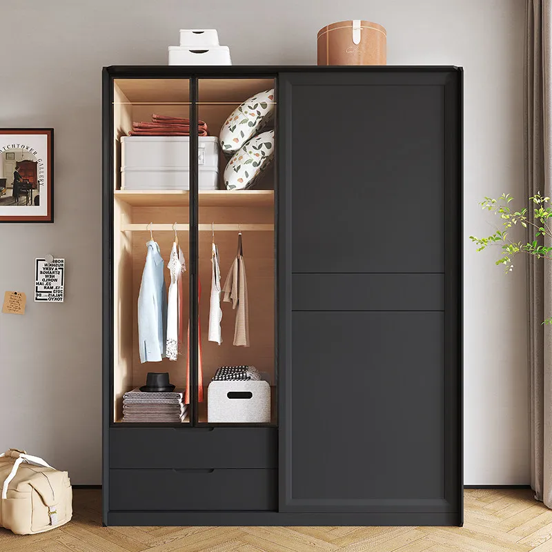 Yjq new Chinese black solid wood wardrobe home bedroom wardrobe retro wind with drawers locker