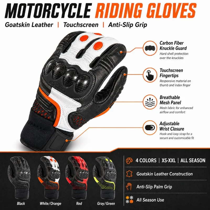 Goatskin Leather Motorcycle Gloves for Men and Women, Carbon Fiber Knuckle Protection, Touchscreen Anti-Slip Riding Gloves