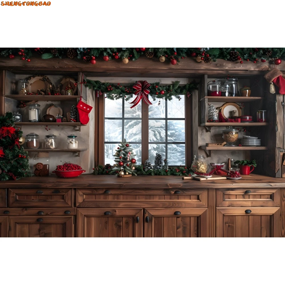 คริสต์มาสห้องครัวการถ่ายภาพฉากหลังฤดูหนาว Vintage ตู้หน้าต่างคริสต์มาสเด็กครอบครัวภาพพื้นหลังตกแต่ง Photo Studio