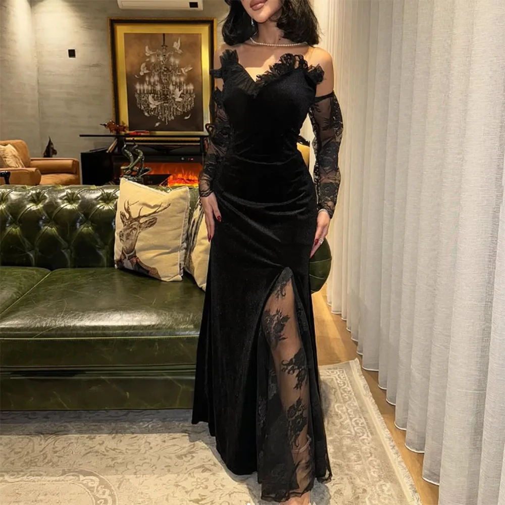 تخصيص أسود ألف خط فساتين لحضور الحفلات الموسيقية الكاحل طول حمالة كم كامل ثوب مسائي أزياء من الدانتل ثنيات Ruched الطرف