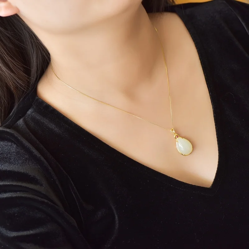 SGARIT Authentic Jadeite Hetian Jade S925 Silver Inlay 16*32mm Waterdrop Pendant Fine Texture Simple Elegant Exquisite Design