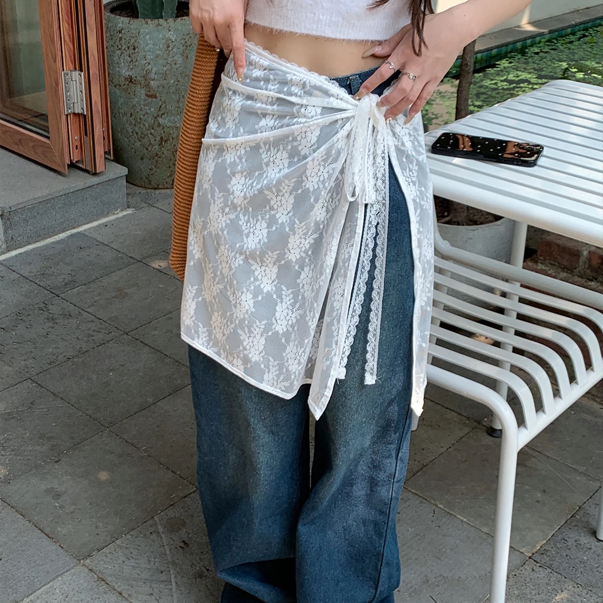 

Весенний нишевый дизайн, корейская версия белой кружевной занавески, женская милая юбка на шнуровке, универсальная юбка-фартук