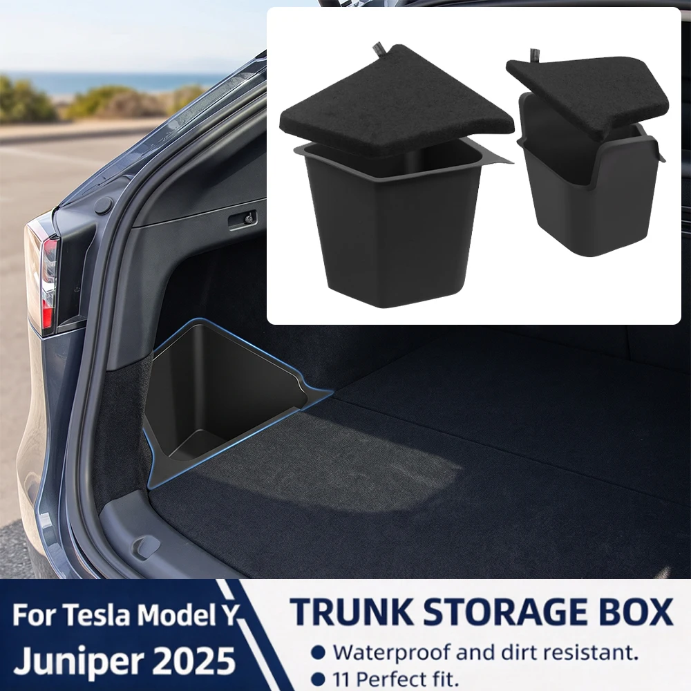 For Tesla Model Y Juniper 2025+ Rear Trunk Side Storage Box Cargo Organizer TPE Bin Box Flocking Mat Partition Board Accessories