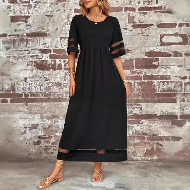 

2026 Summer Women's New Hot Selling Plus Size Women's Quarter Sleeve Mesh Round Neck Splicing Pocket Dress