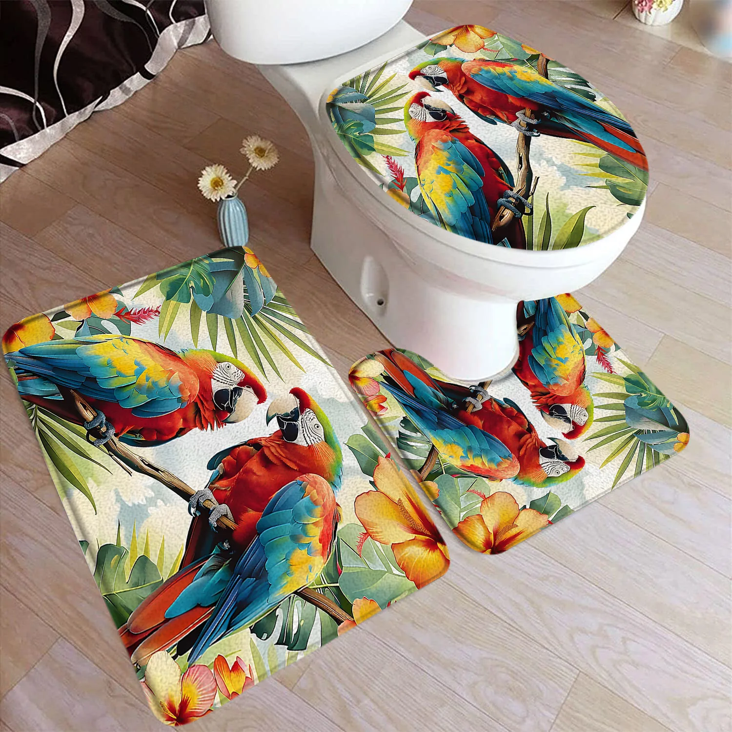 Parrot Bath Mat Set Tropical Floral Birds Palm Leaves Monstera Plant Home Carpet Bathroom Decor Floor Rug U-Mat Toilet Lid Cover