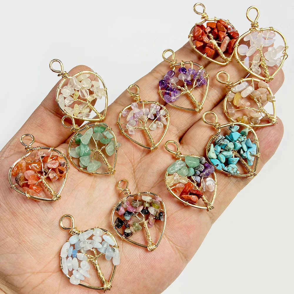 1PC Natural stone Quartz Crystal 7 Chakra Reiki Healing 39*25mm Heart-shaped Tree of Life Pendant Diy Jewelry making