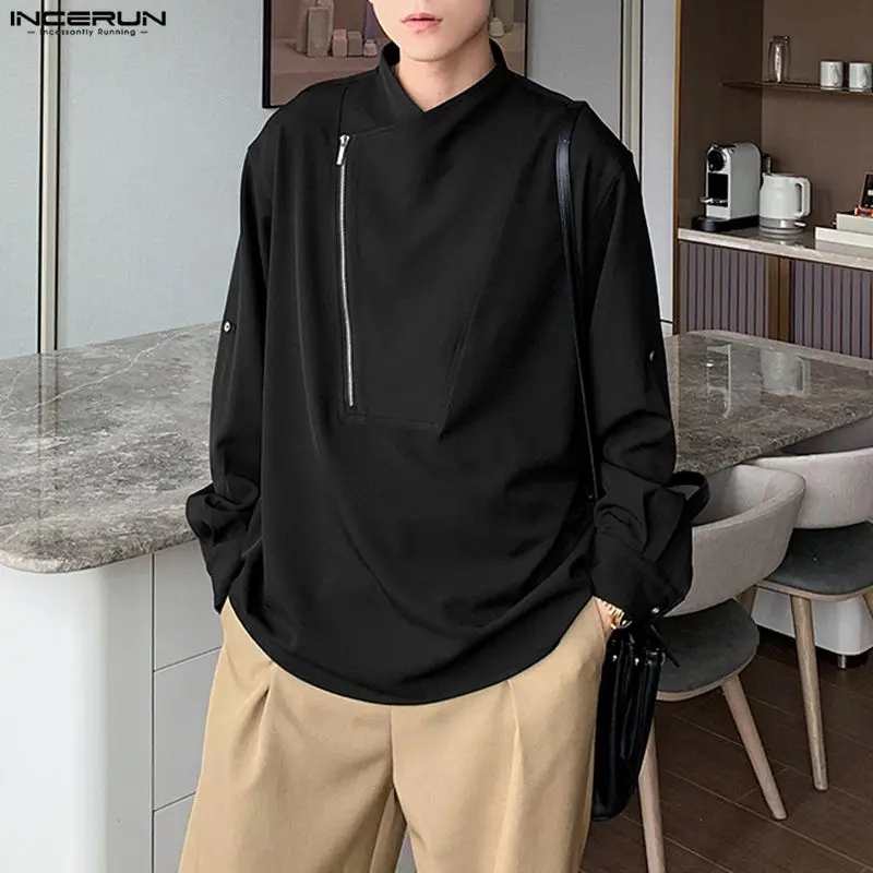 INCERUN Męska Koszula Jednolita Kolorystyka Zamek Błyskawiczny Długi Rękaw Luźny Krój Odzież Męska Streetwear Koreański Styl Moda Casualowe Bluzki Koszule Męskie S-5XL 2025