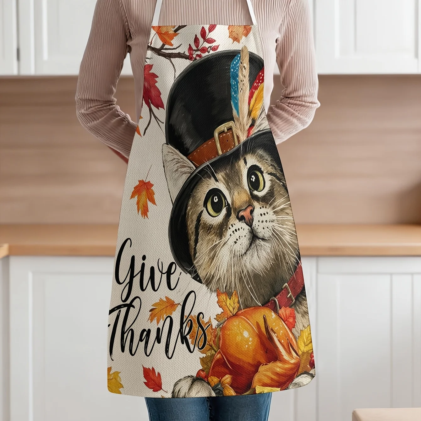 Cute Cat Pumpkin Autumn Harvest Give Thanks Apron for Kitchen Cooking Baking Fall Holiday Gift
