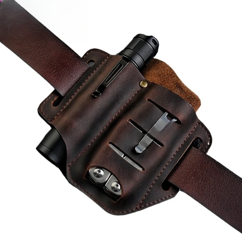 

PJ8 Crazy Horse Leather Double Sheath Knife Cover Multi-purpose Flashlight Tactical Pen Cover