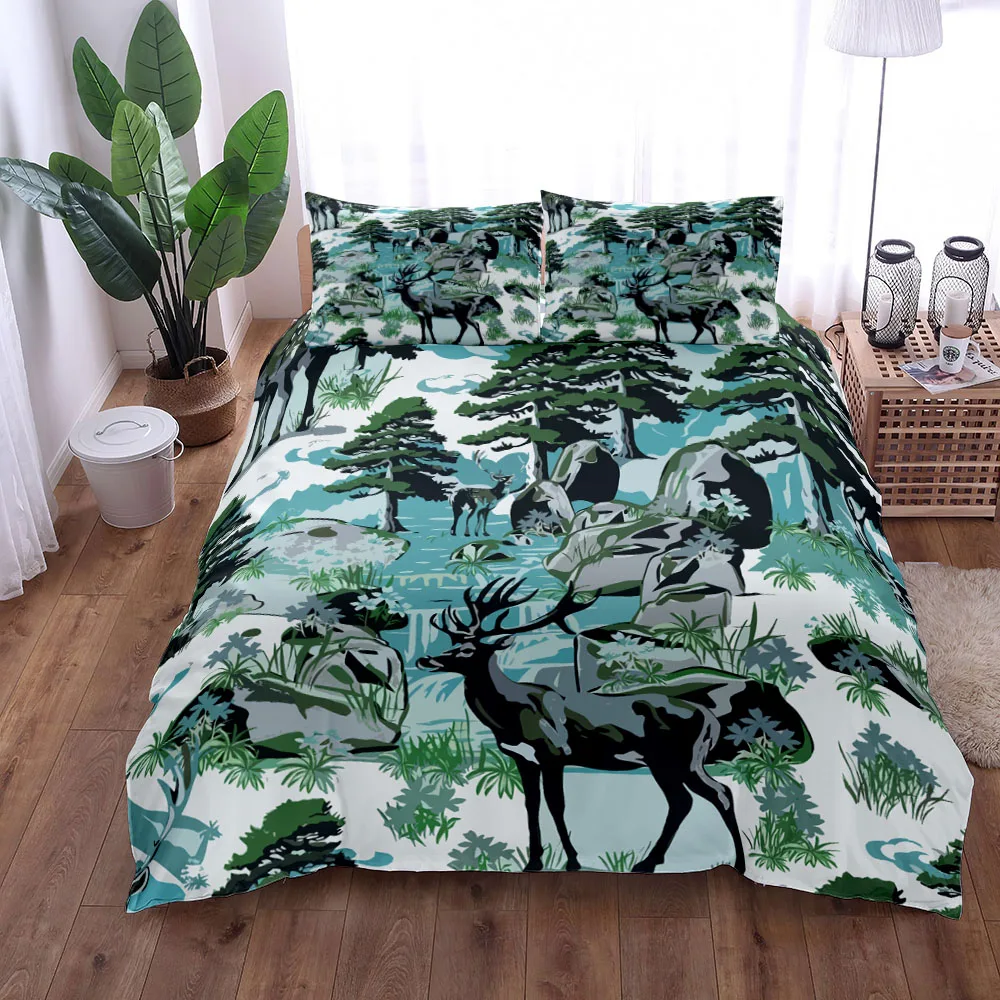 Green Deer Hunter Grove Painting Duvet Cover Set King Queen Double Full Twin Single Size Bed Linen Set