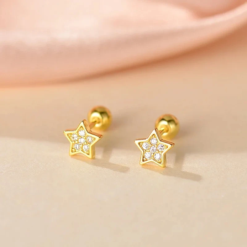 Korean New Simple Gold Color Zirconic Star Piercing Screw Ball Stud Earrings For Women Girl Geometric Square Charm Daily Jewelry