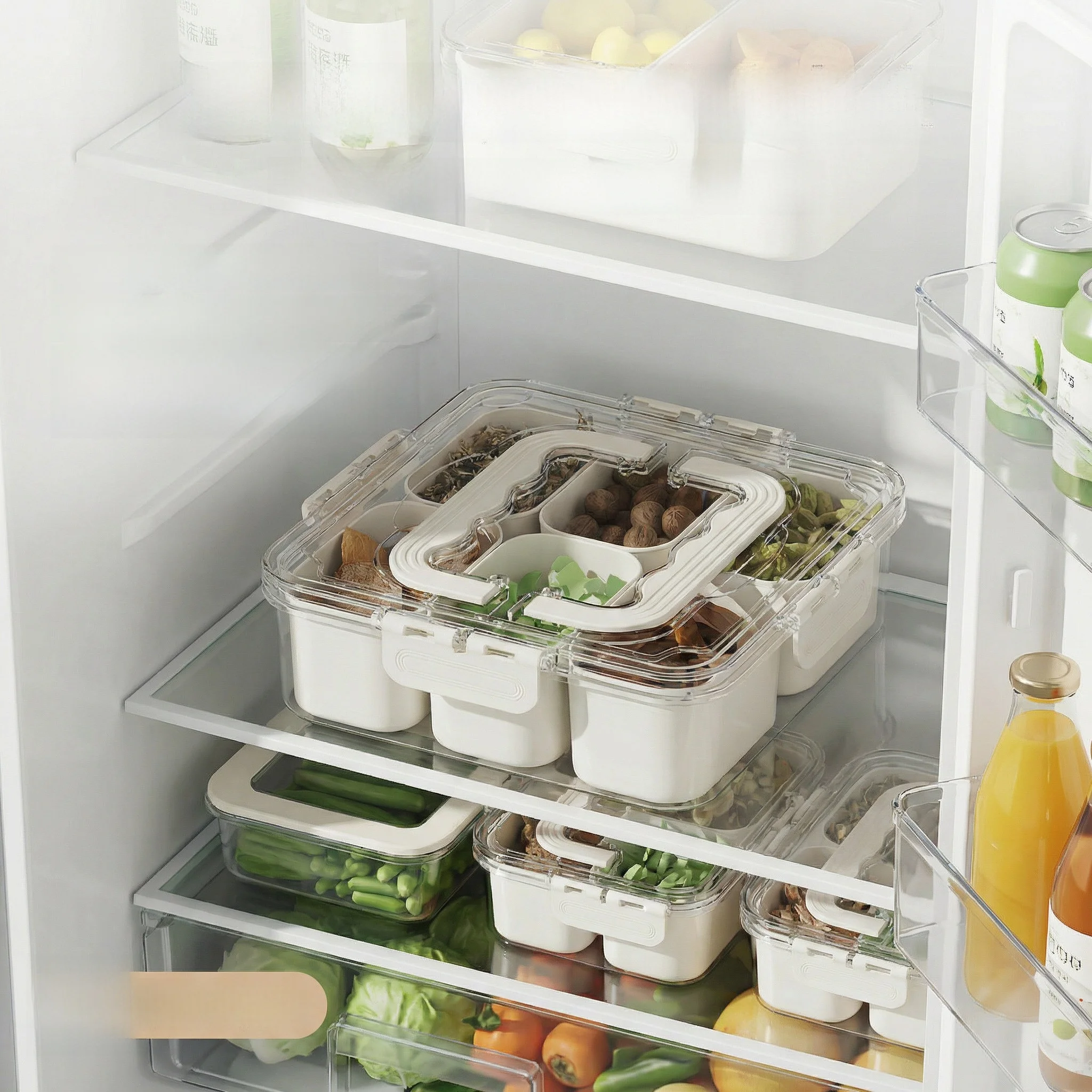 

Transparent Sealed Food Grade Refrigerator Organizing Box Eight Parts Partition Freshness Preservation Spice Storage Container