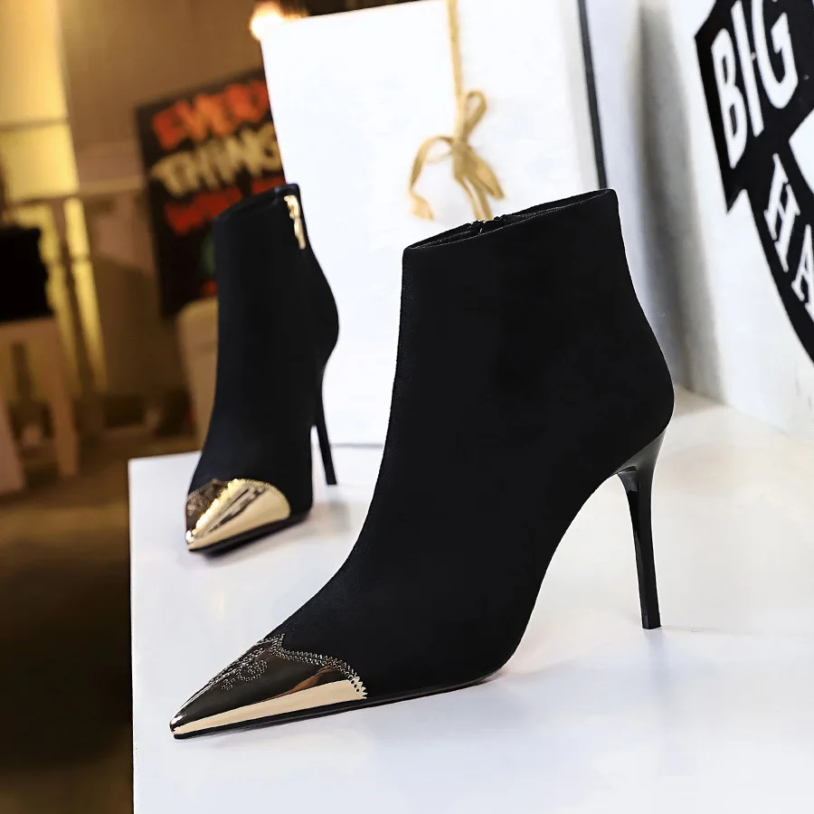 

Women Ankle Length Flock Boots Winter Pointed Toe Thin Heels High Heel Shoes Ladies Side Zippper Ankle Boots 173-1