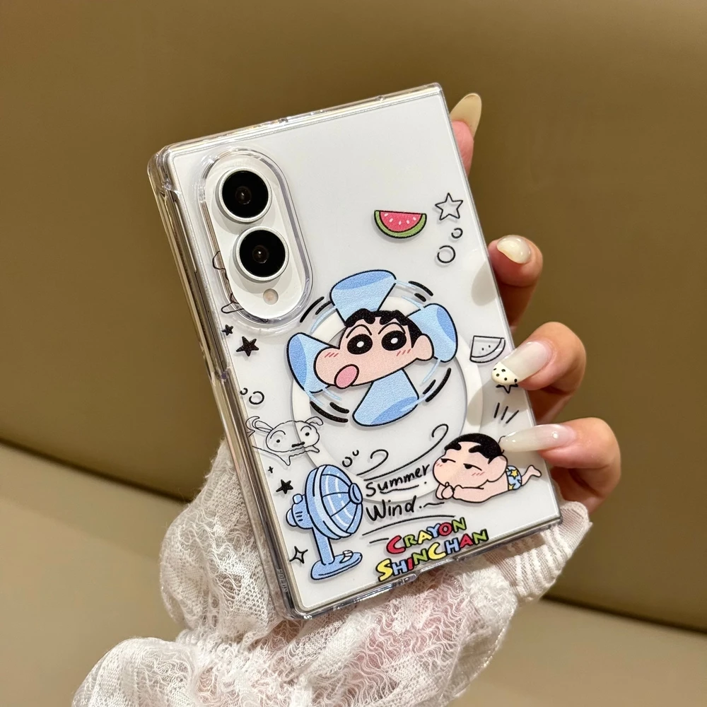 Cute Cartoon Crayon Shin-chan Magnetic Holder Magsafe Wireless Charge Phone Case For Samsung Galaxy Z Fold 8 7 6 5 Hard Cover