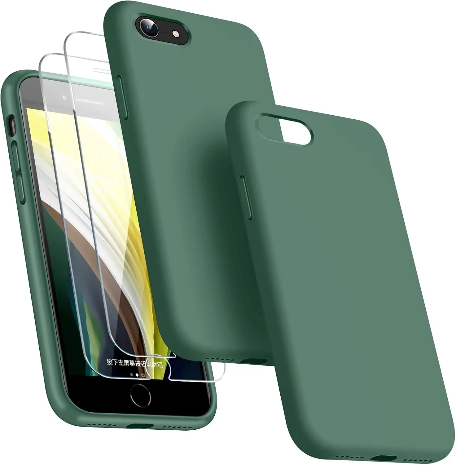 

3-in-1 iPhone SE/7/8 Case with 2 Screen Protectors, Liquid Silicone Slim Shockproof Cover (Mountain Green)