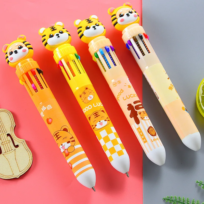 4pcs/pack Little Tiger 10 Color Ballpoint Pen, Colorful Creative Student Stationery Multi-color Hand Account Pen