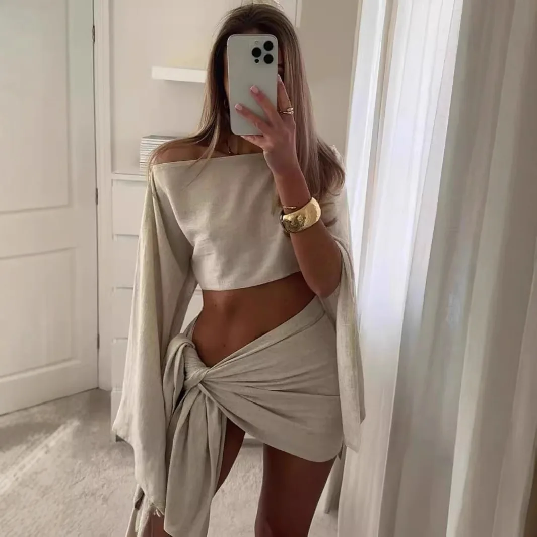 Women Two Piece Beach Cover Up Set Off Shoulder Flare Sleeve Crop Top and Knotted Wrap Tie Skirt Summer Vacation Beachwear