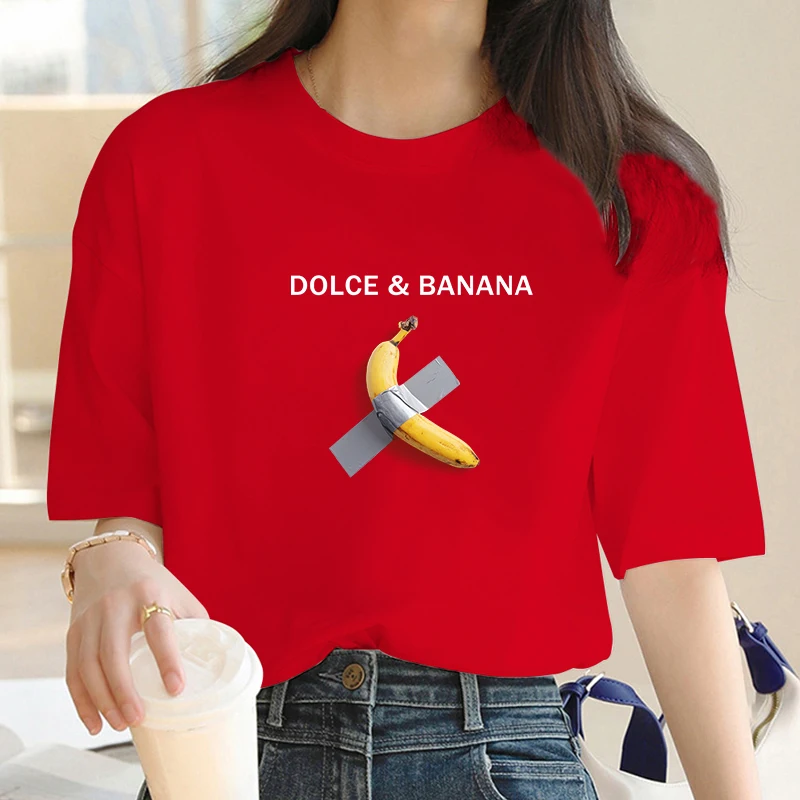 Dolce-camiseta Y2k con estampado de plátano para mujer, camisetas de manga corta de gran tamaño para mujer, ropa holgada, Tops suaves de algodón