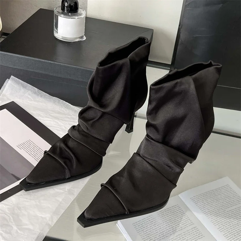 2024 New Denim Pleated Women Ankle Boots Women Autumn Winter Sexy Pointed Toe Thin Heels Women Shoes Zip Pumps Botas Mujer