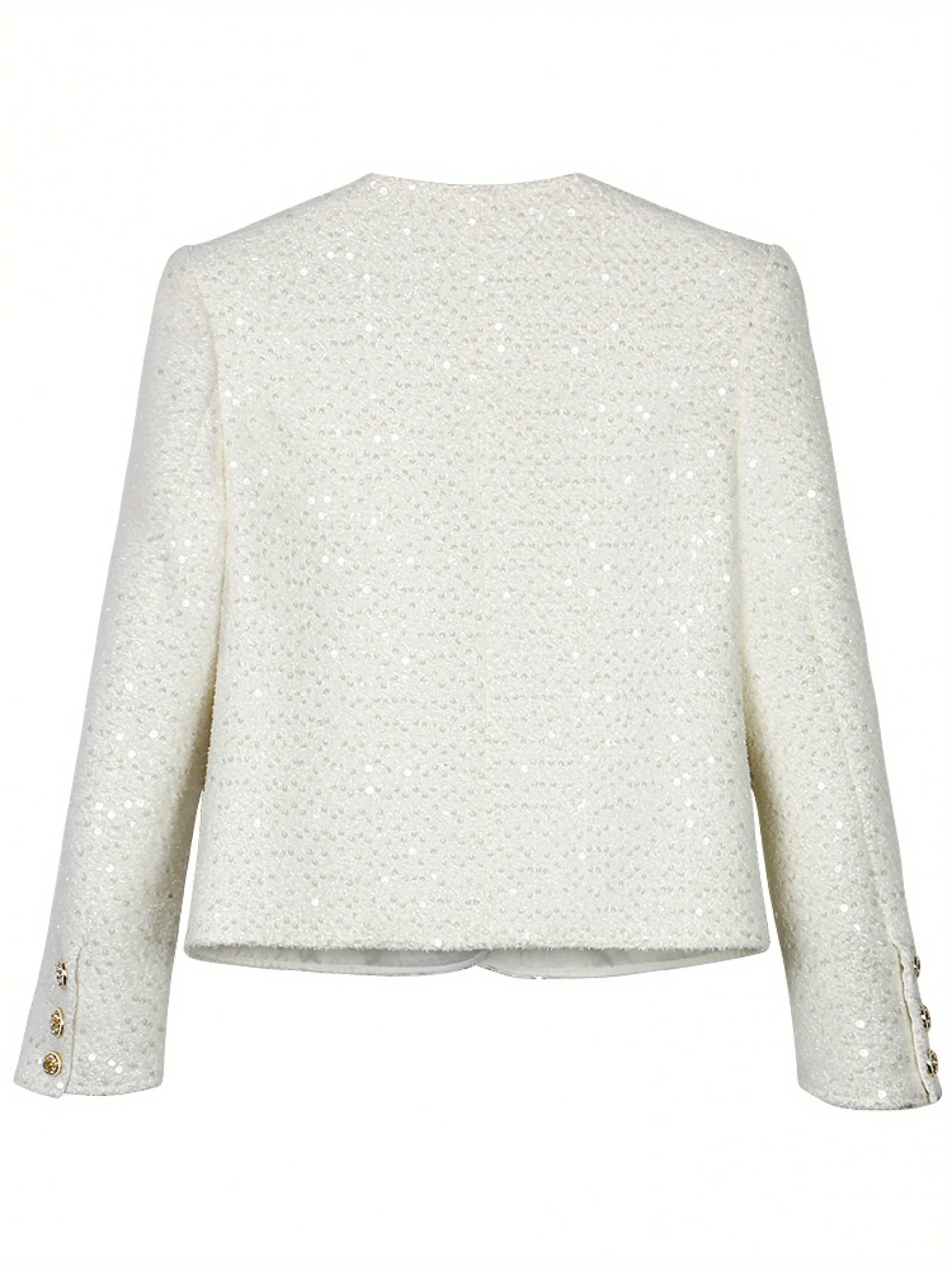 Luxury White Tweed Jacket Sparkly Sequins Gold Buttons O-Neck Cropped Blazer Coat 28506 view 2
