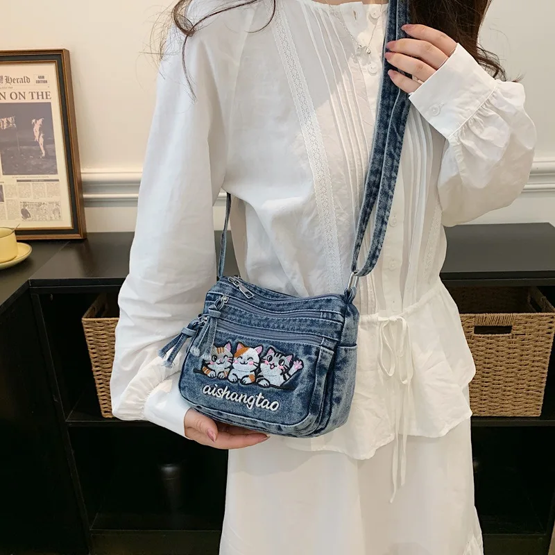 Cute Korean Style Embroidered Cat Crossbody Bag Washed Denim Phone Bag for Women Daily Styling Casual Minimalist Shoulder Bag - view 2