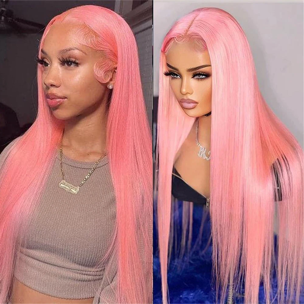 FANXITION Light Pink Lace Front Wigs for Women Long Silky Straight Synthetic Hair Wig Pink Lace Frontal Wig Heat Fiber Cosplay