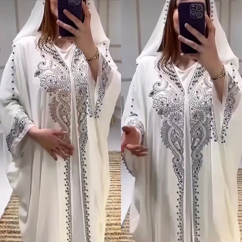 Eid Muslim Dress for Women Hooded Abaya 2 Piece Set Diamond Jalabiya Morocco Party Dresses Dubai Abayas Kaftan Vestido Long Robe