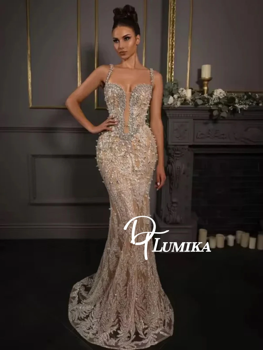 

Sparkly Sexy Deep V Neck Evening Dress Customized Beaded Mermaid Thin Straps Stunning Formal Events Prom Party Women Gown