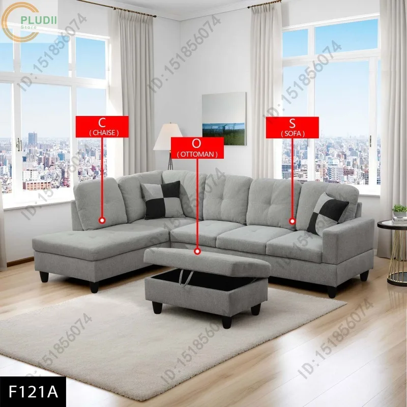 أرائك من الفلانيل باللون الرمادي الفاتح مكونة من 3 قطع طقم أريكة لغرفة المعيشة أريكة مقطعية ناعمة من القطيفة مع كرسي استوديو مكتب الشقة المنزلية