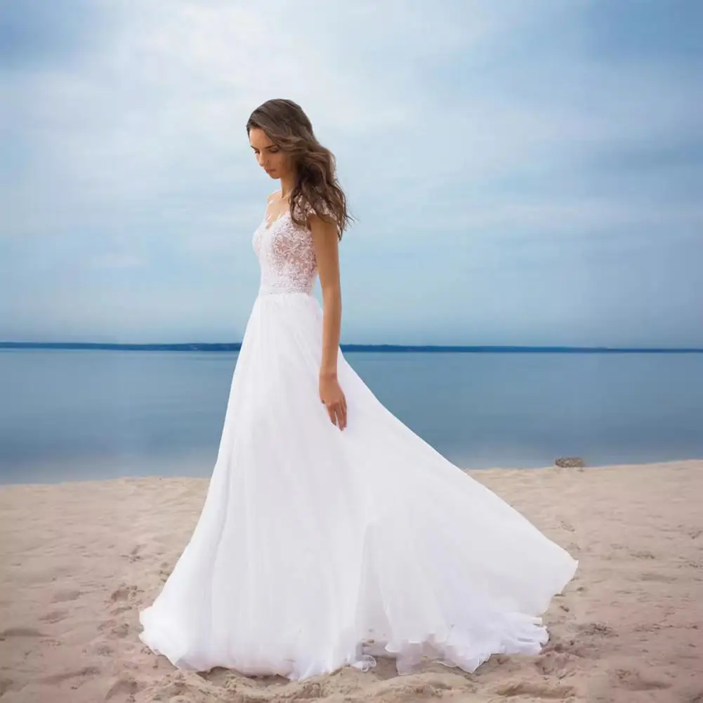 2025 Women White Bridesmaid Dress A-Line Boho Wedding Dresses Long Chiffon Slit Bridesmaid Dress Lace V-Neck Evening Gown