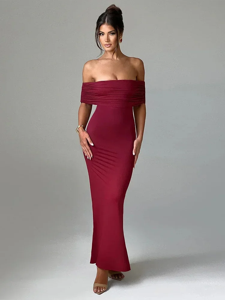 Elegante Slash Neck Backless Folds abiti lunghi per le donne Sexy Off spalla senza maniche a vita alta vestito da sera aderente