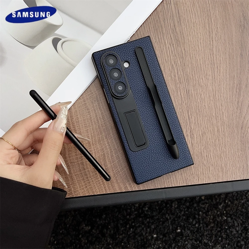 Mode Lychee textuur met pensleuf hoesje voor Samsung Galaxy Z Fold 7 6 5 PU mat lederen patroon cover schokbestendige luxe cover