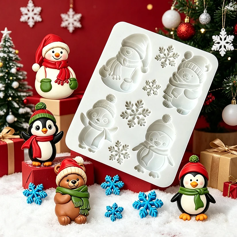 Weihnachtsbär Pinguin Schneemann Schneeflocke Silikonform für Zuckerguss, Harz, Cupcake-Backen, Fondant und Kuchendekoration.