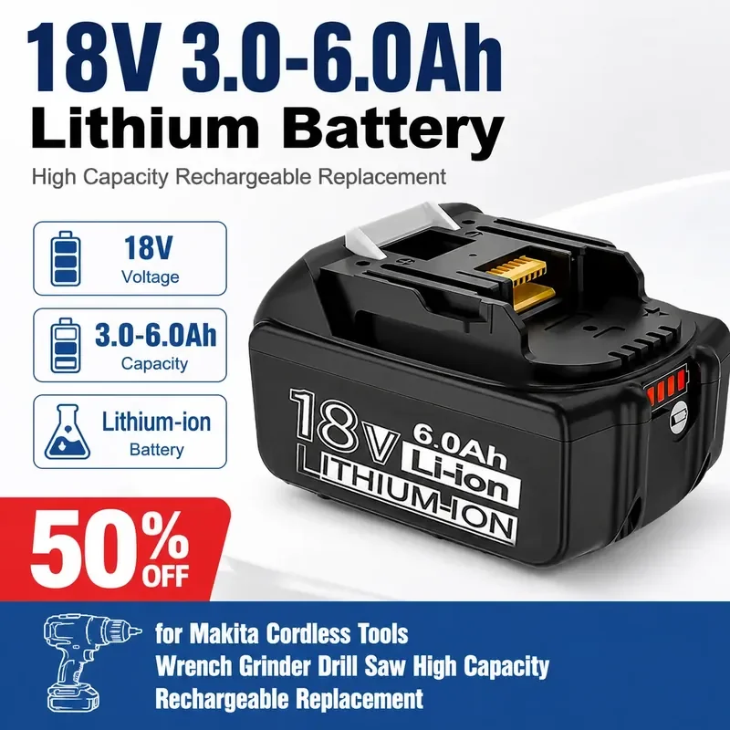 

18V 3.0-6.0Ah Lithium Battery for Makita Cordless Tools Wrench Grinder Drill Saw High Capacity Rechargeable Replacement