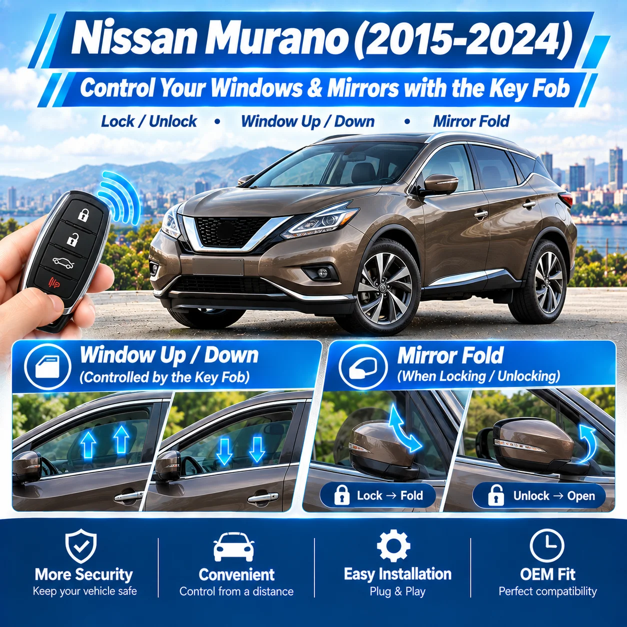 Suitable for Nissan Murano (2015–2024): Automatic window roll-up and side mirror folding upon locking.