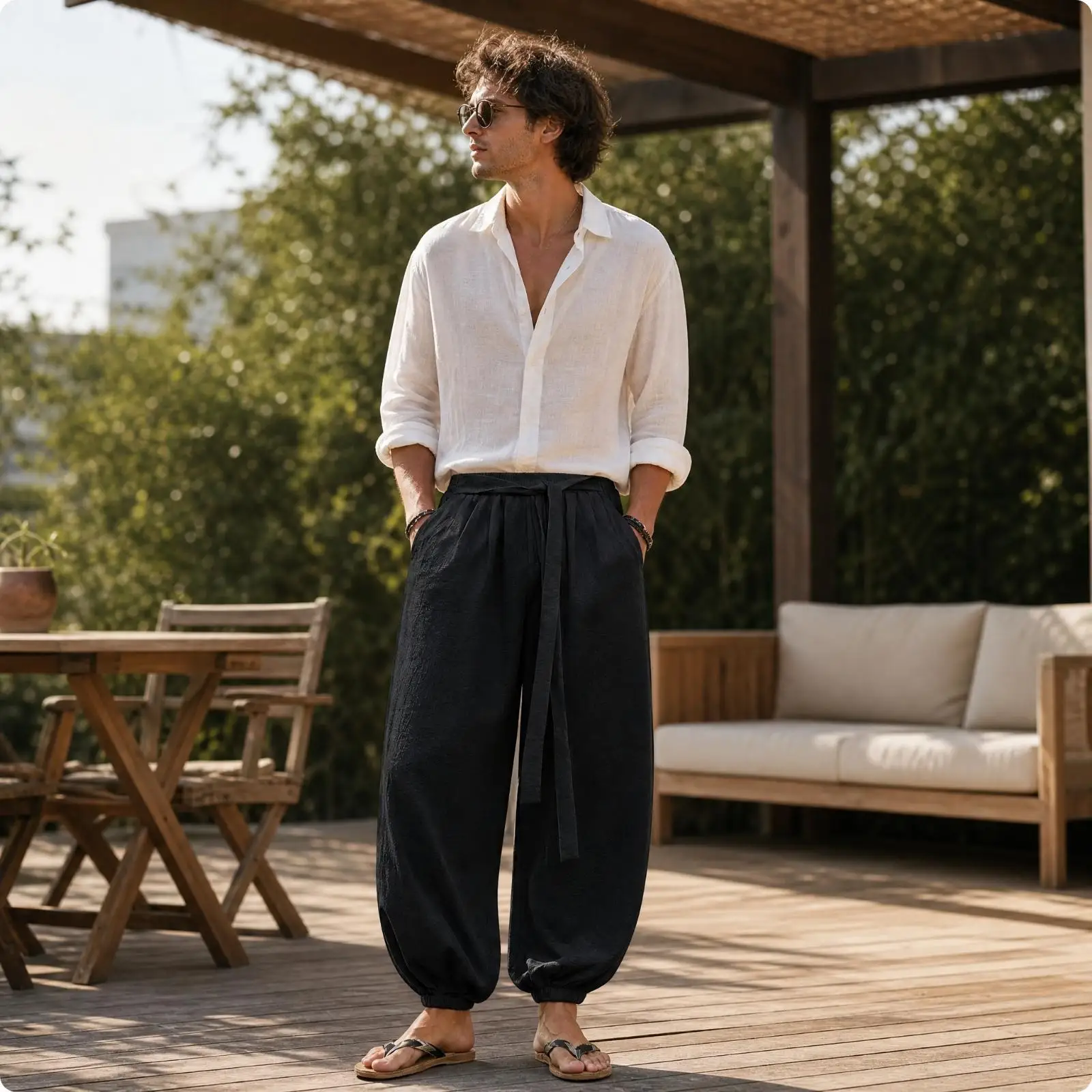 Men Casual Linen Pants Summer Breathable Wide Leg Trousers with Pockets Drawstring Elastic Waist for Beach Vacation Outdoor