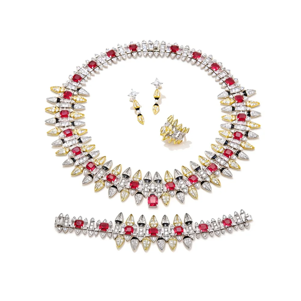 Designer Fashion Style Ring Earrings Bracelet Necklace Women Lady Inlay AAA Cubic Zircon Synthetic Ruby Party Fine Jewelry Sets