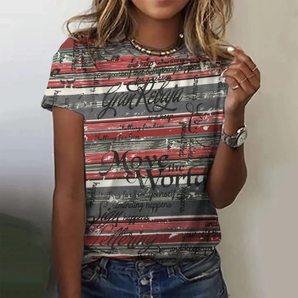 Retro Dames T-shirt Letter Patroon Print Tee Zomer Casual Ronde Hals Korte Mouw Vintage T-shirts Mannelijke Plus Size Kleding