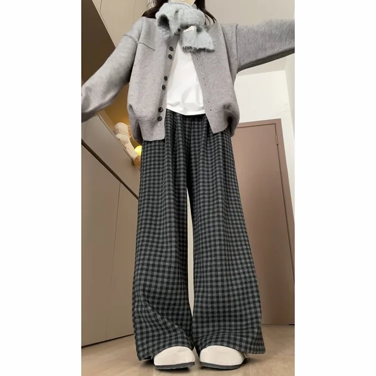 Retro Plaid Casual Pants Women's High Waist Straight Leg Loose Fit Lazy Sle Autumn Winter New Arrival Slimming Effect