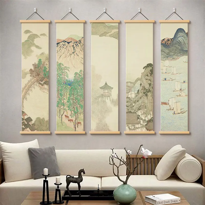 Japanese Zen Wall Art Scroll Slim Vertical Wabi Sabi Landscape Painting for Living Room Tea Room Hallway Aesthetic Room Decor