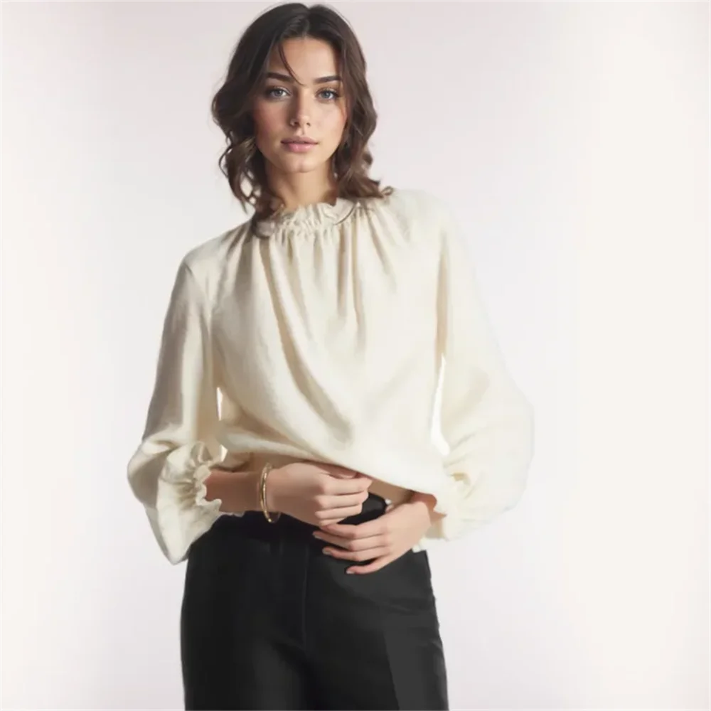 

Cos Lris 2024 Spring Elegance Versatile Casual Style Stand up Collar Ruffle Edge Draping Shirt for Women